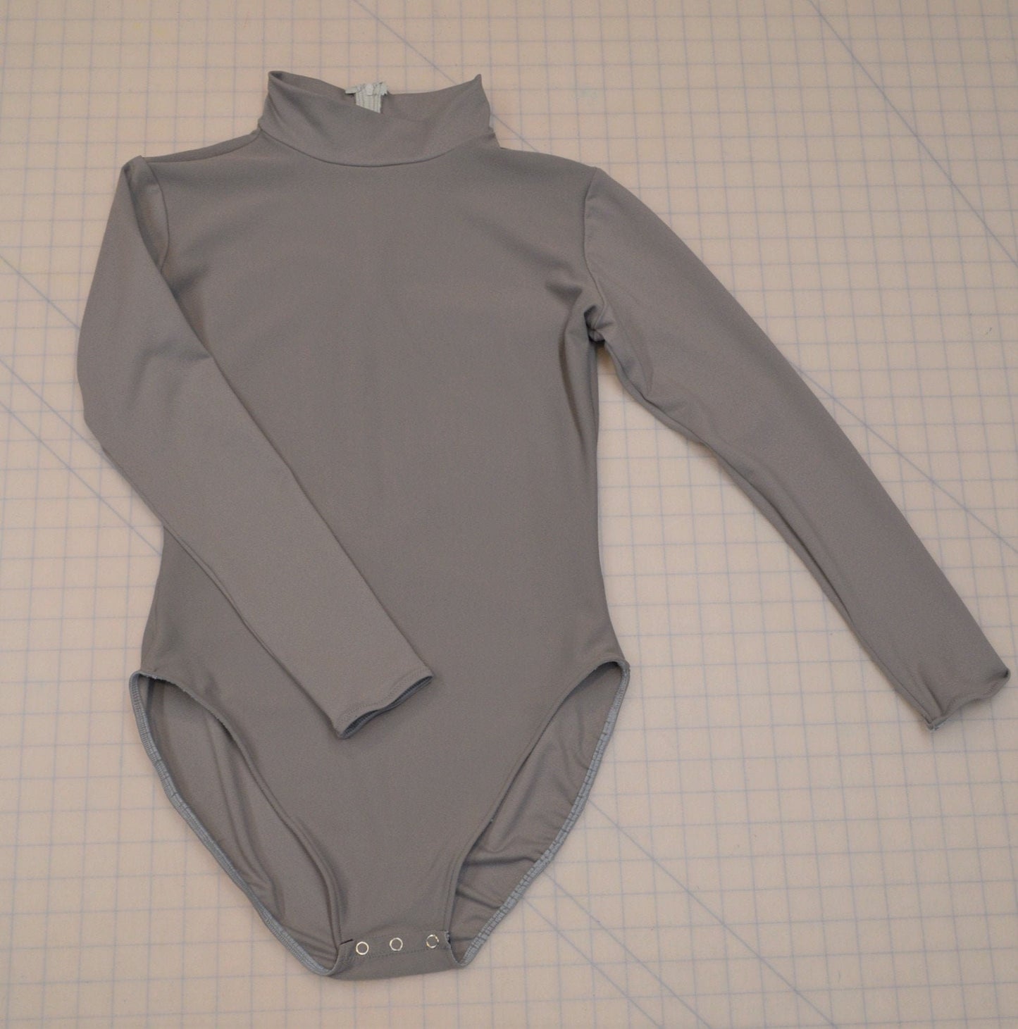 Superhero mock turtleneck Leotard in Bat Grey with zipper, snap crotch and front modesty panel.