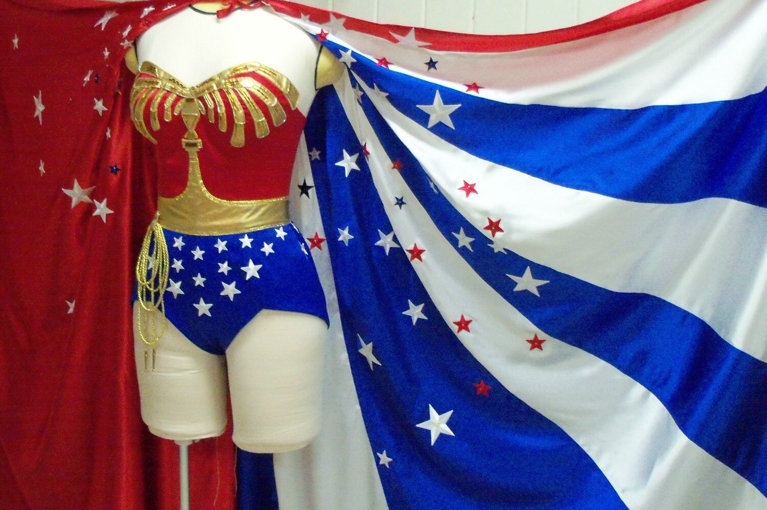 WS2 Wonder Cape,Star Spangled Red White and Blue Womens Costume Cape, floor length replica lynda carter costume cape, 16 foot hem sweep