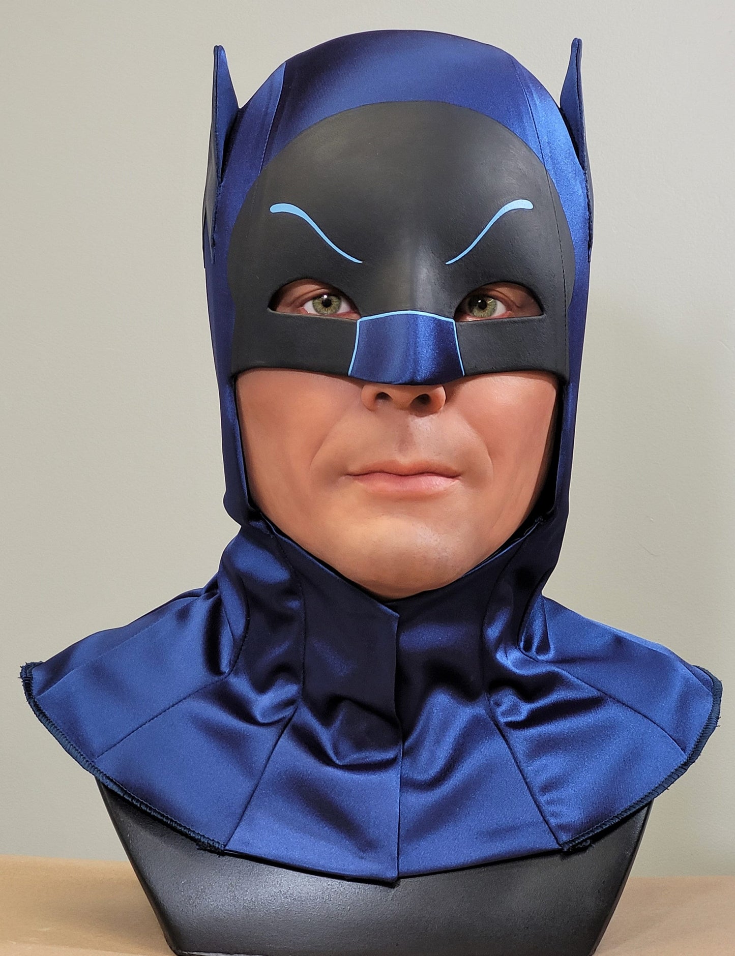 WS2 Cowl hard shell covered in Blue Satin with painted mask and eyebrows