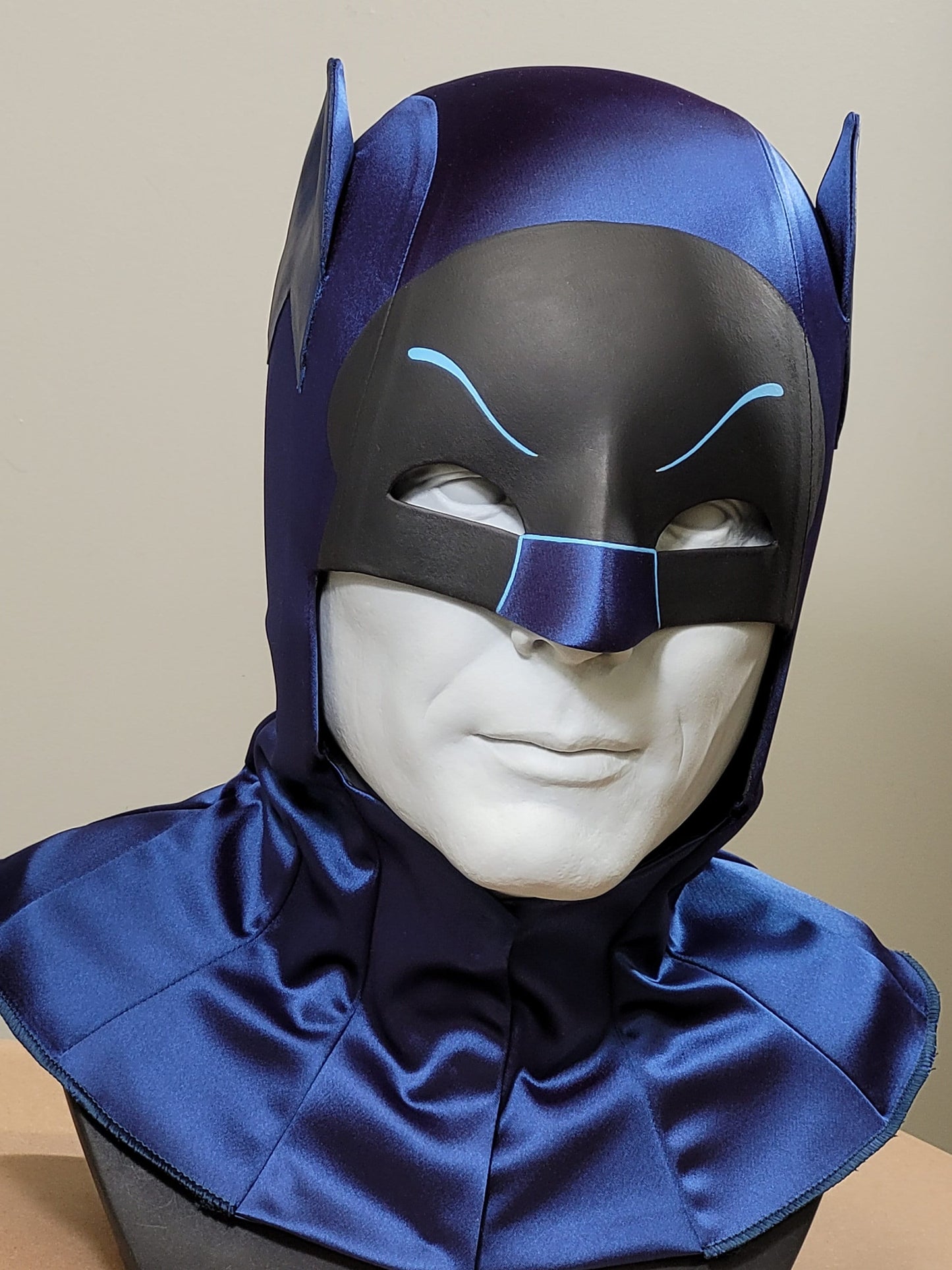 WS2 Cowl hard shell covered in Blue Satin with painted mask and eyebrows