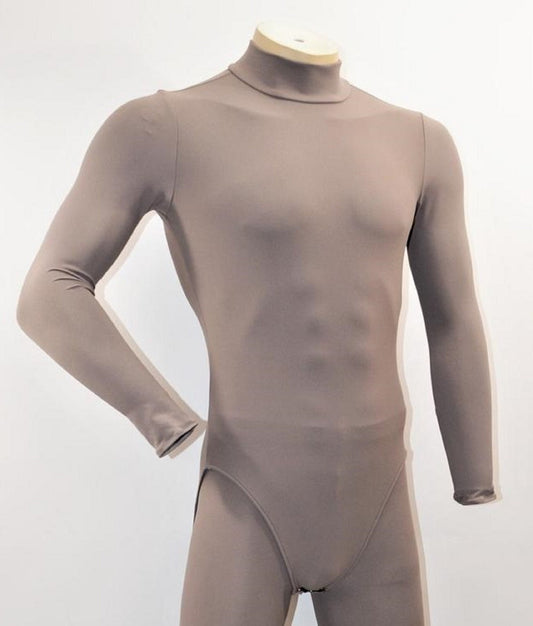 Superhero mock turtleneck Leotard in Bat Grey with zipper, snap crotch and front modesty panel.