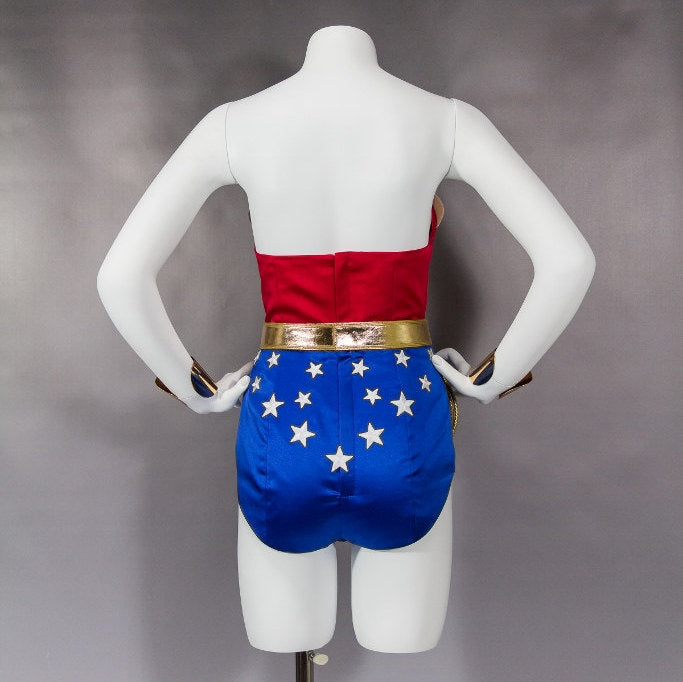 WS2 Wonder Suit Cosplay Costume, red blue and gold women's corset, Lynda Carter Super Hero woman one piece suit with belt, eagle and stars
