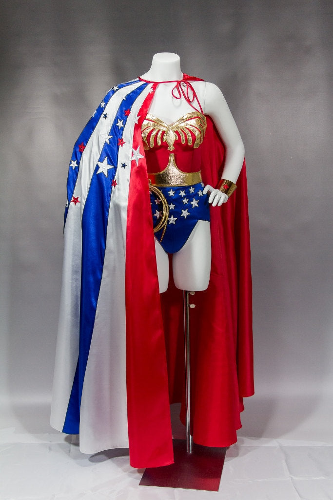 WS2 Wonder Suit Cosplay Costume, red blue and gold women's corset, Lynda Carter Super Hero woman one piece suit with belt, eagle and stars