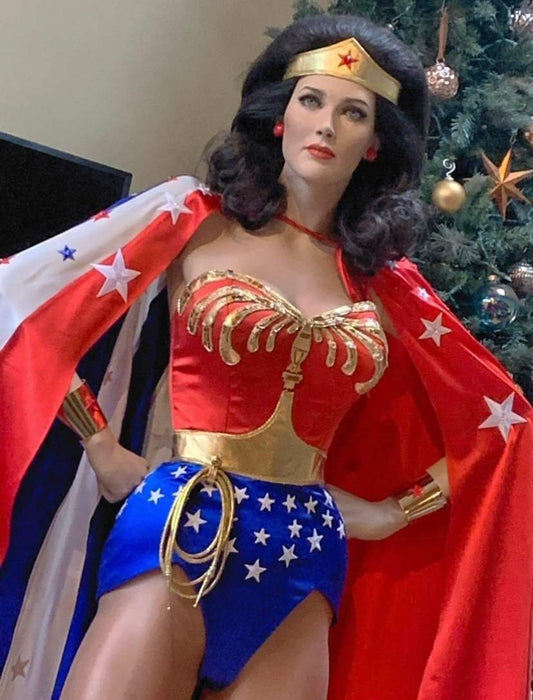 WS2 Wonder Suit Costume, Lynda Carter Replica womens bodysuit with embellished eagle, belt and stars for cosplay, display and collectors